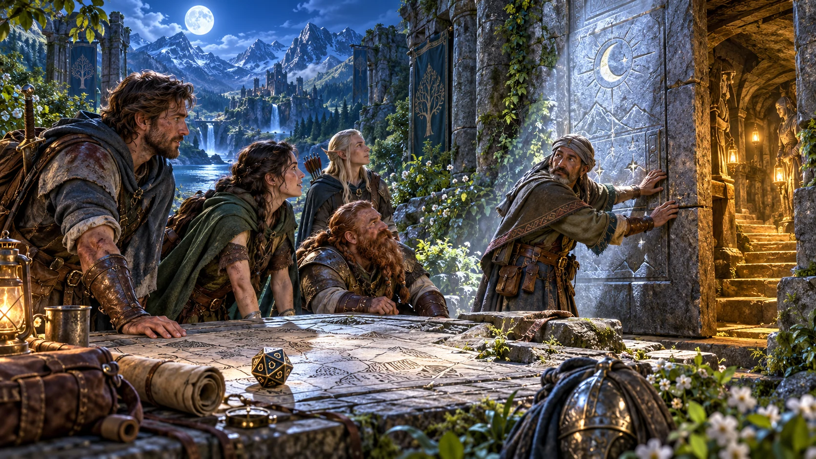 Fantasy illustration of adventurers considering help at a moonlit ruin entrance
