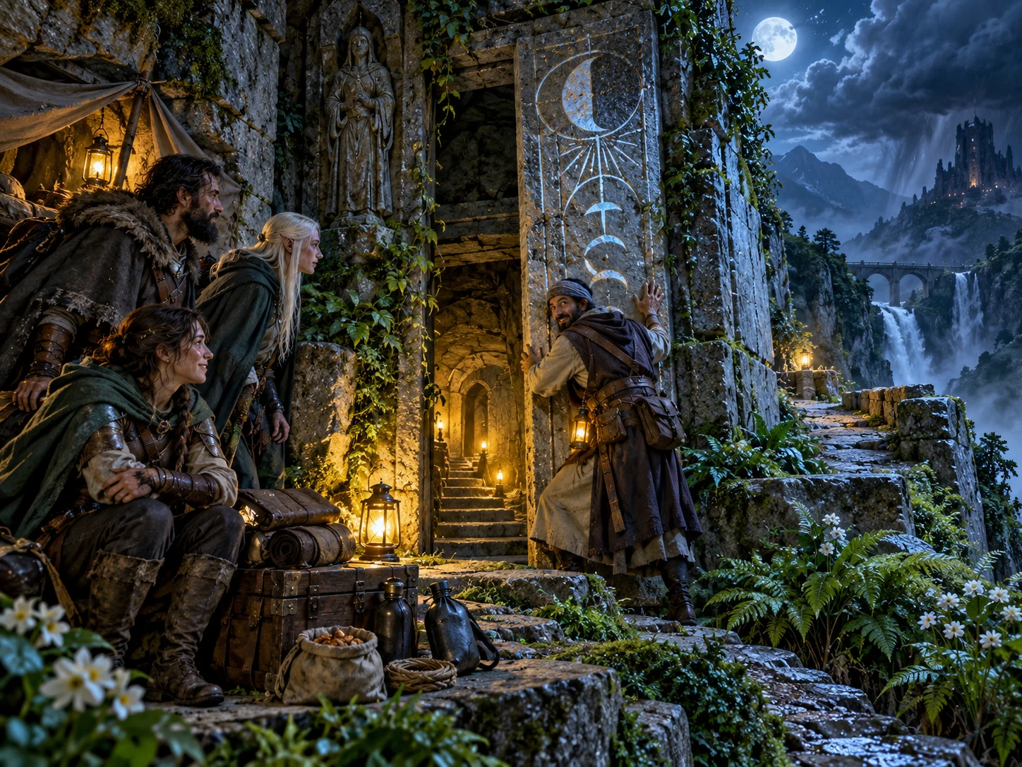 Fantasy illustration of a helper revealing a concealed passage to an adventuring party