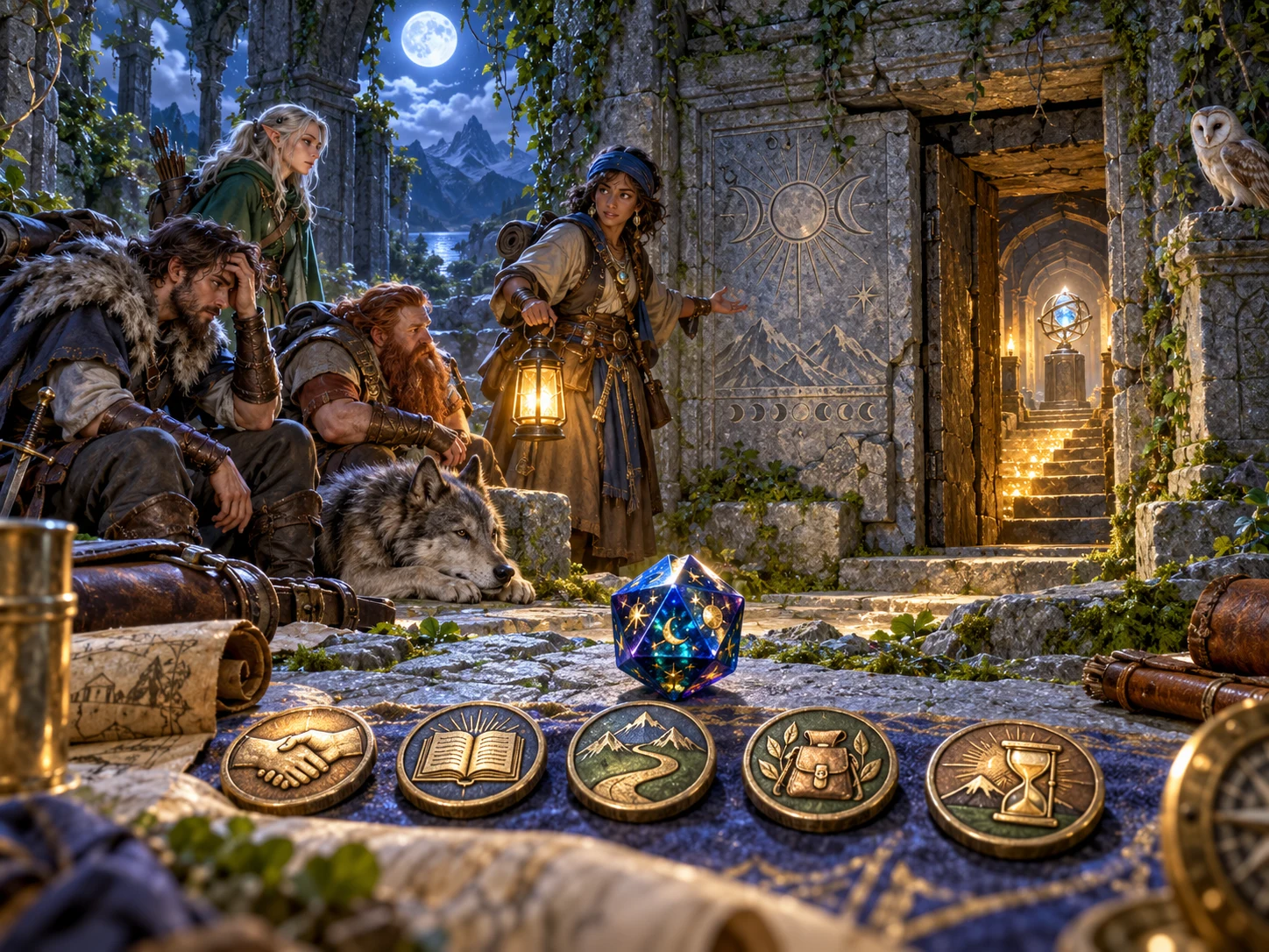 Fantasy illustration of a helper holding a doorway open for an adventuring party